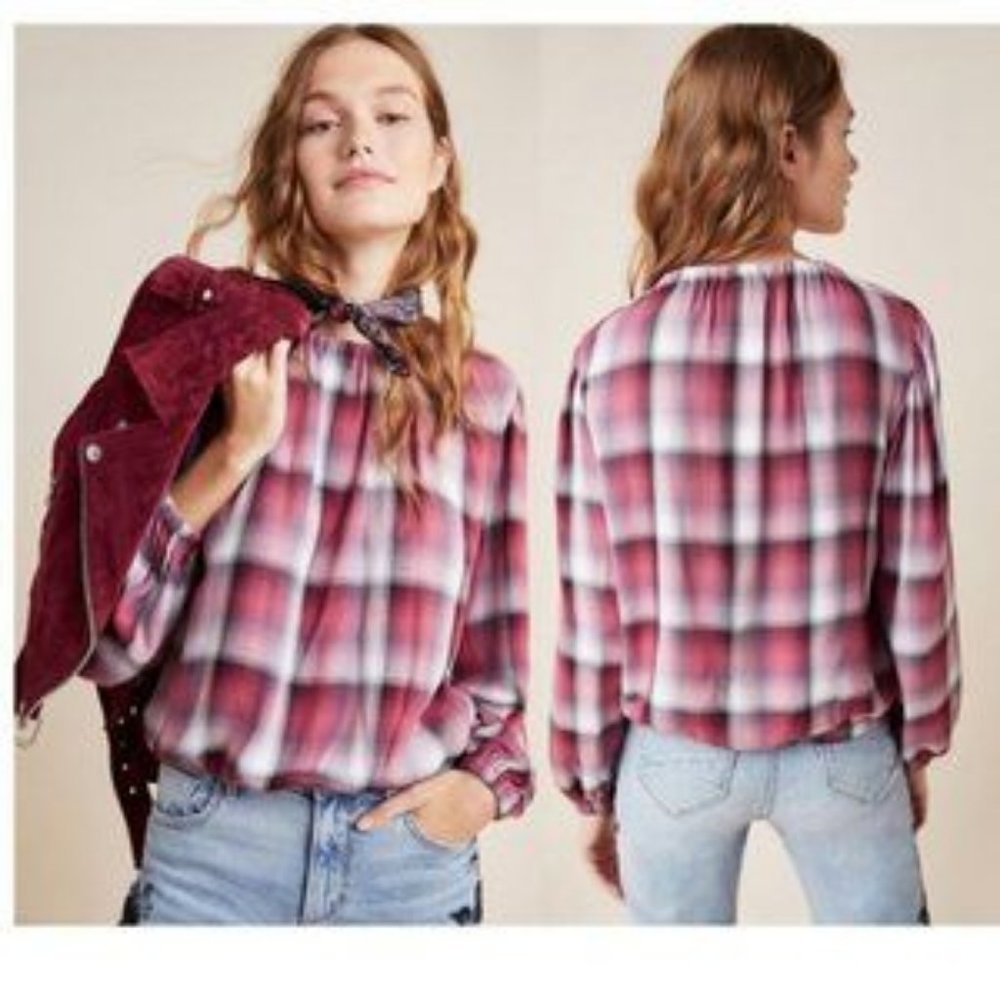 Anthropologie Cloth & Stone Glacier Pink Plaid Long Balloon Sleeve Top S - Picture 5 of 9